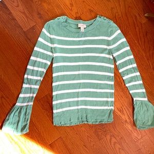 Sage Green and White Stripped Sweater with Bell Sleeves